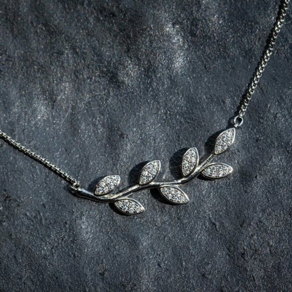 Laurel Necklace - Platinum Plated/ 42 Prong Set White Cubic Zirconia - Picture 1 of 5